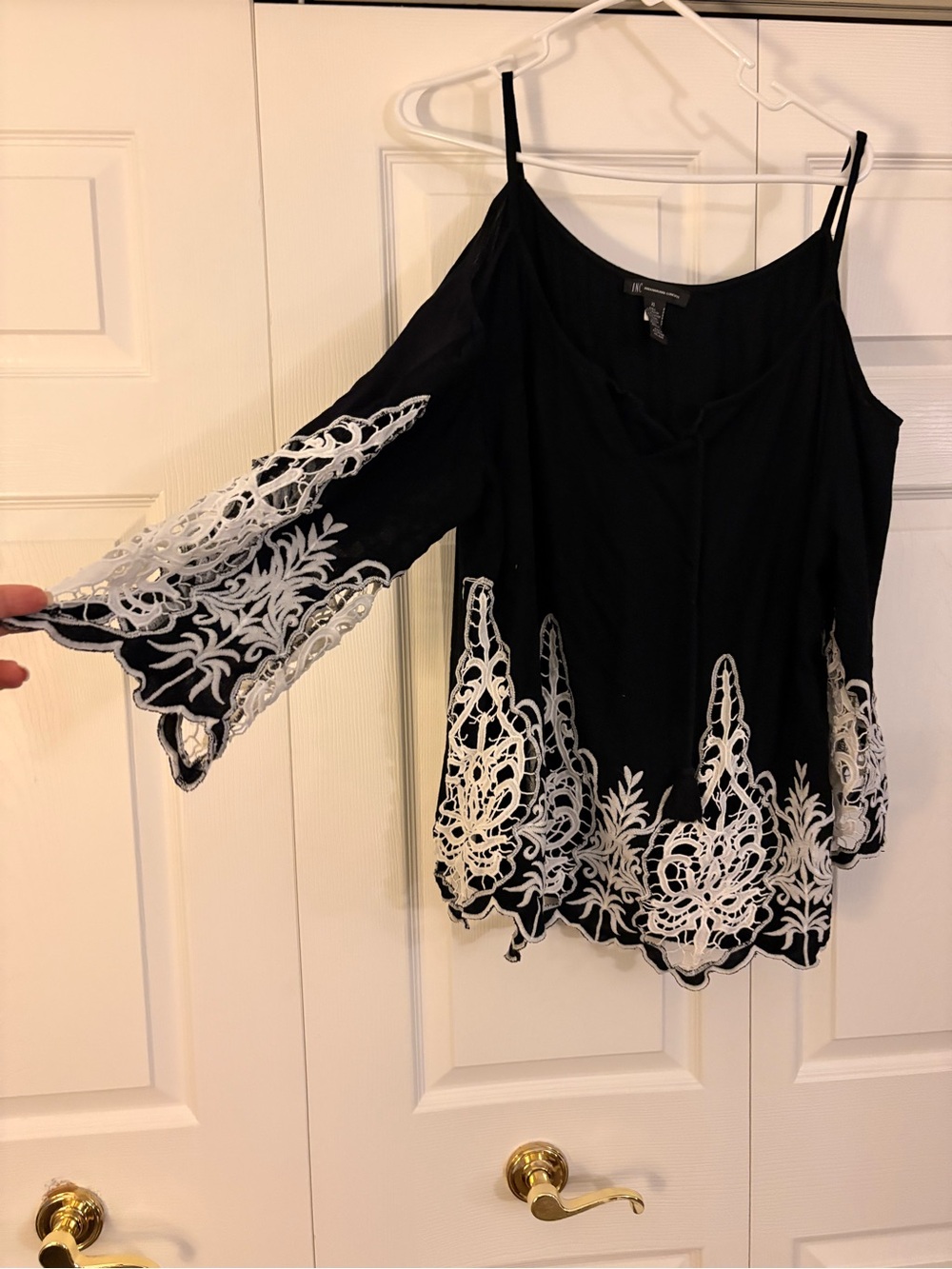 INC International Concepts Black Camisole Top with White Lace Embroidery